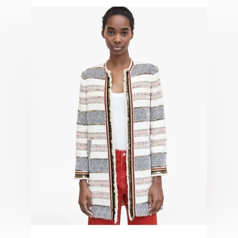 Zara Tweed Coat Small, Beaded Tweed Cost Zara Woman, Long Jacket Tweed